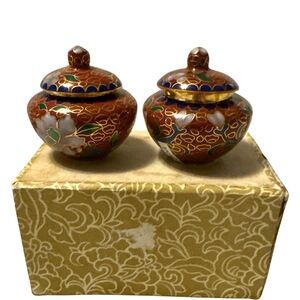 Lot of 2 Mini Cloisonné Jars Floral Handcrafted‎ Collectible Decor Gift